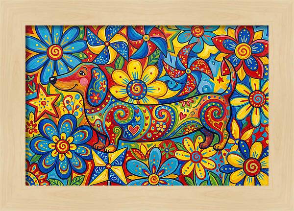 Colorful Dog Among Flowers