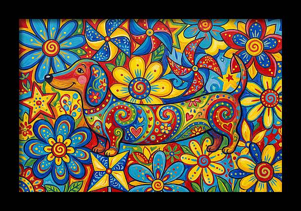 Colorful Dog Among Flowers