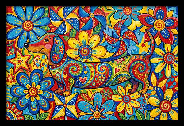 Colorful Dog Among Flowers