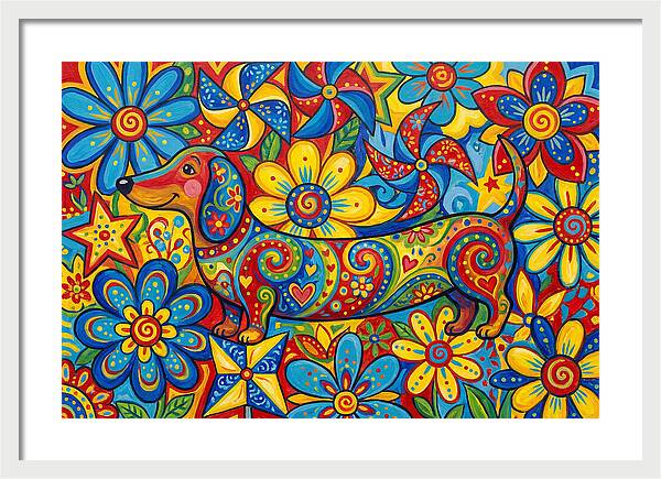 Colorful Dog Among Flowers