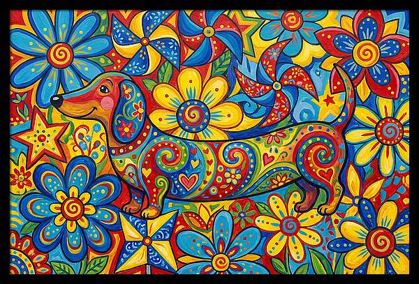 Colorful Dog Among Flowers
