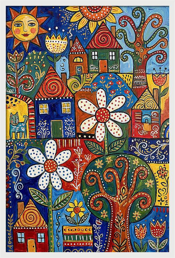 Colorful Folk Village Scene