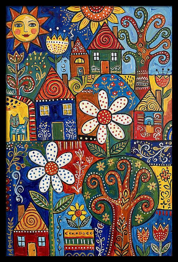Colorful Folk Village Scene