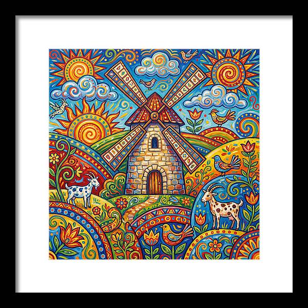 Colorful Folk Windmill Scene