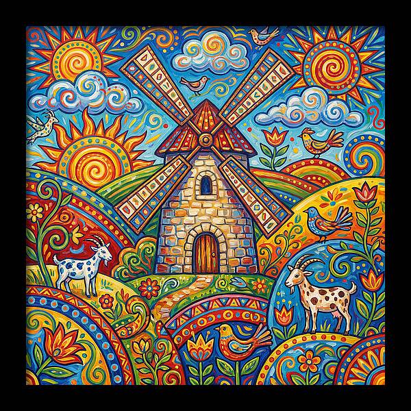 Colorful Folk Windmill Scene