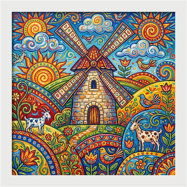 Colorful Folk Windmill Scene