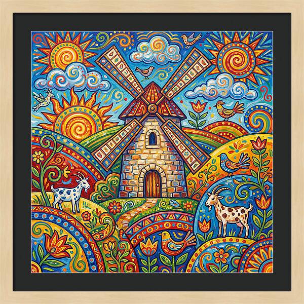 Colorful Folk Windmill Scene