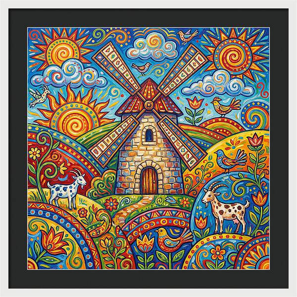 Colorful Folk Windmill Scene