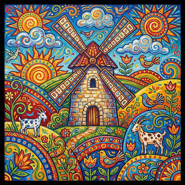 Colorful Folk Windmill Scene