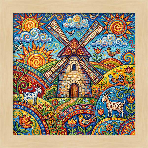 Colorful Folk Windmill Scene