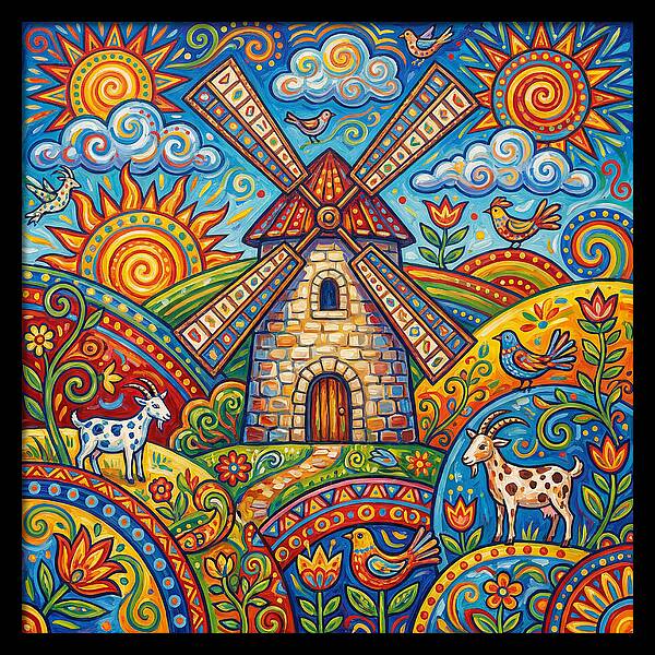 Colorful Folk Windmill Scene