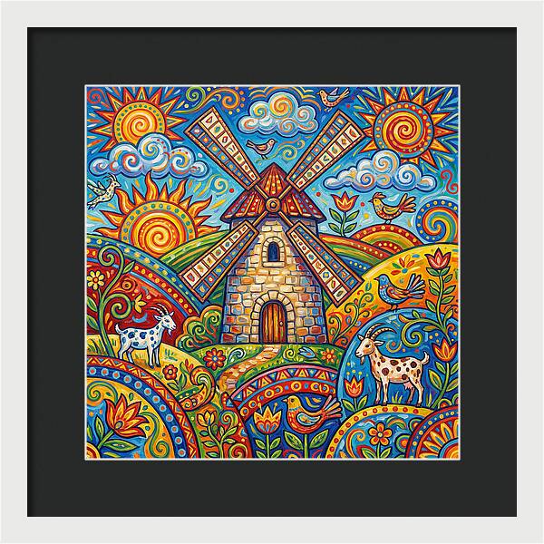 Colorful Folk Windmill Scene