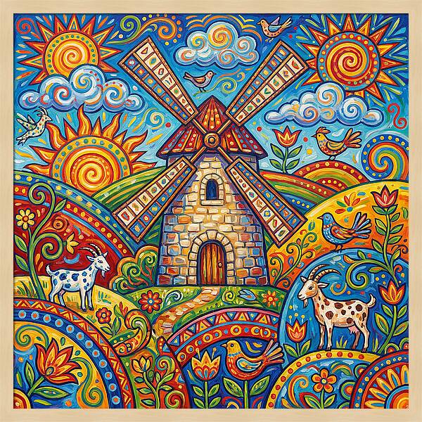 Colorful Folk Windmill Scene