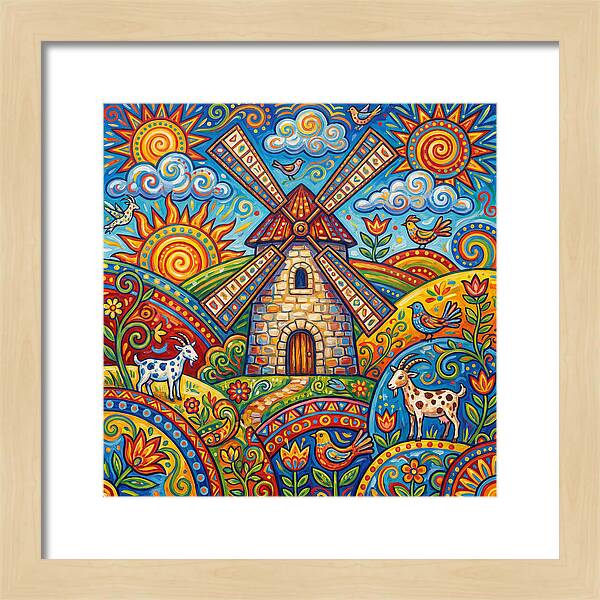 Colorful Folk Windmill Scene