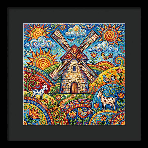 Colorful Folk Windmill Scene