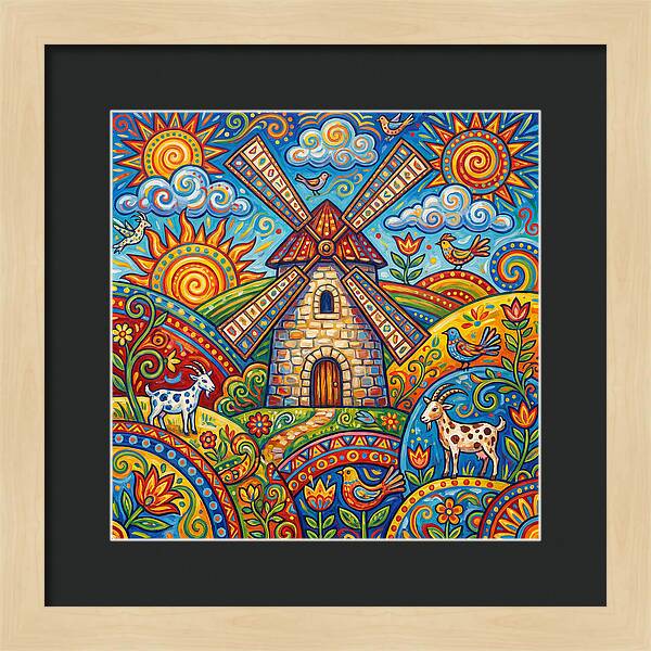 Colorful Folk Windmill Scene