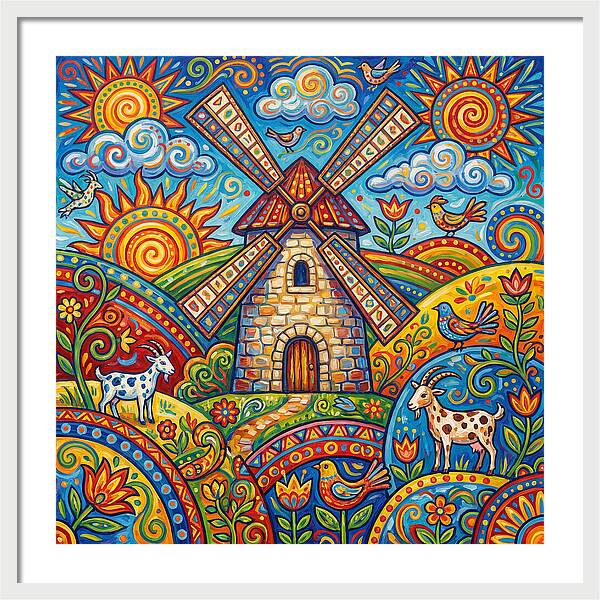 Colorful Folk Windmill Scene