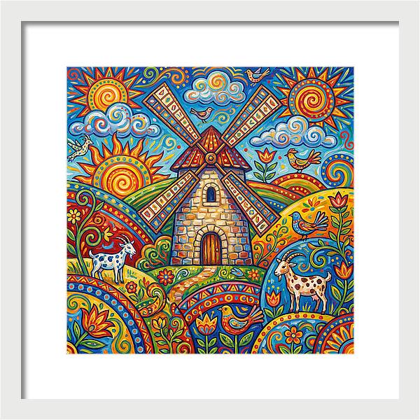 Colorful Folk Windmill Scene