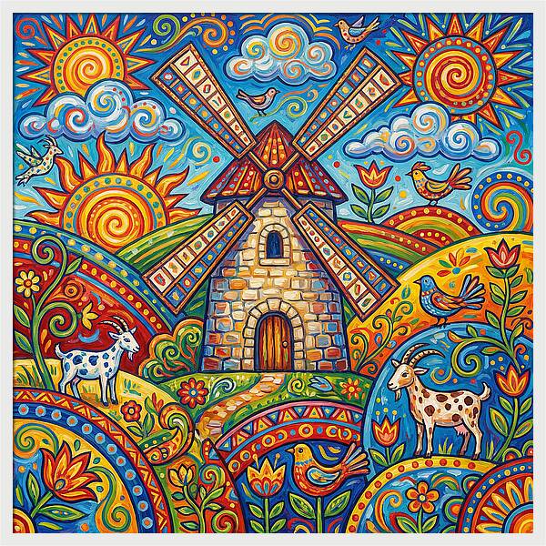 Colorful Folk Windmill Scene