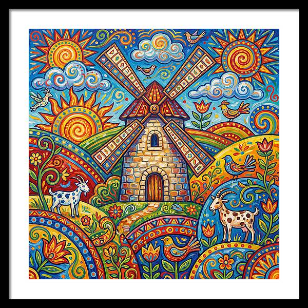Colorful Folk Windmill Scene