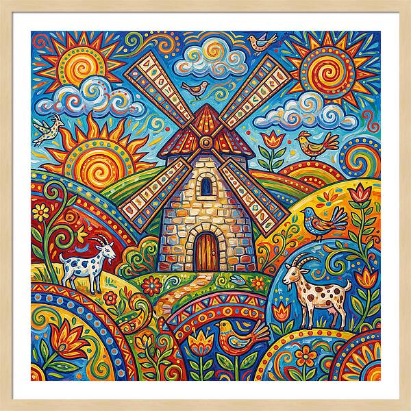 Colorful Folk Windmill Scene