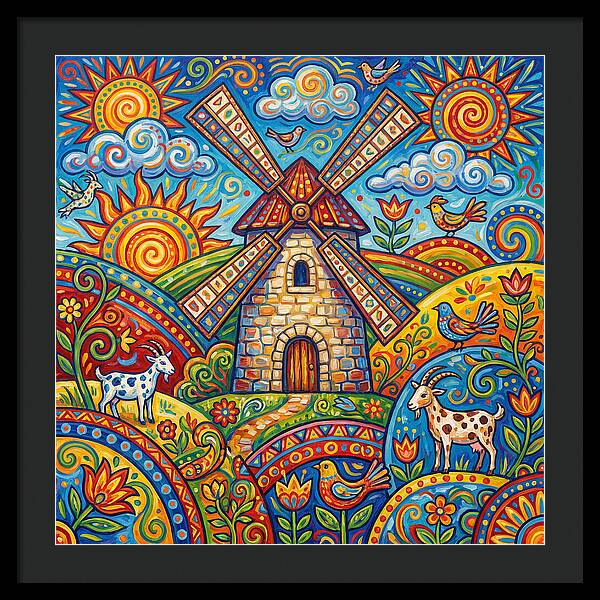 Colorful Folk Windmill Scene