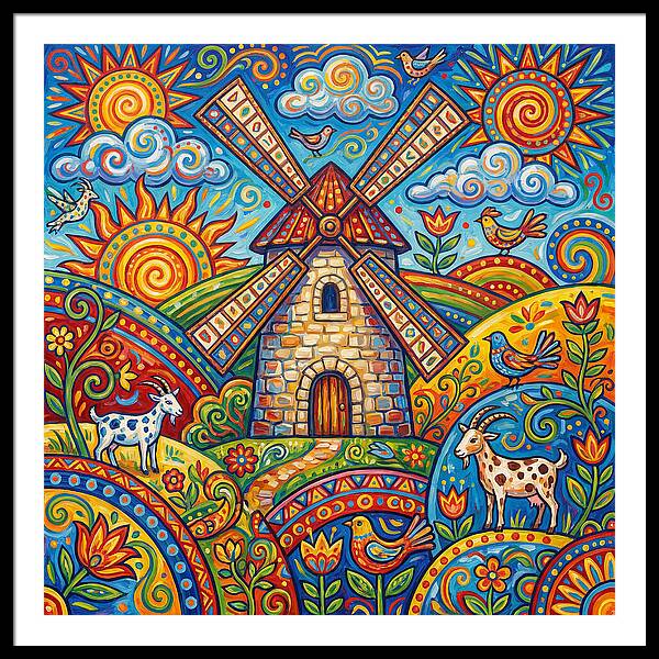 Colorful Folk Windmill Scene