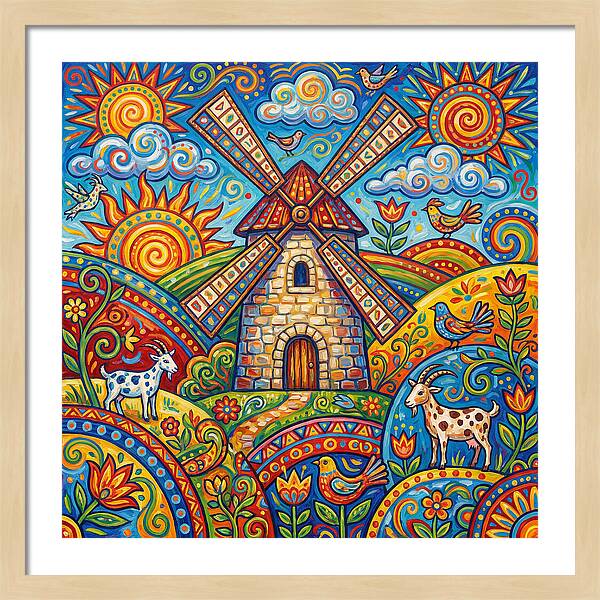Colorful Folk Windmill Scene