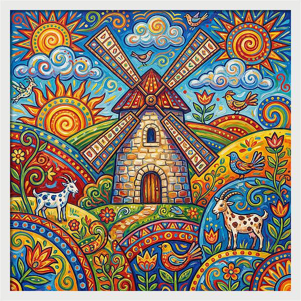 Colorful Folk Windmill Scene