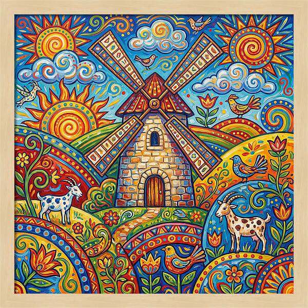 Colorful Folk Windmill Scene
