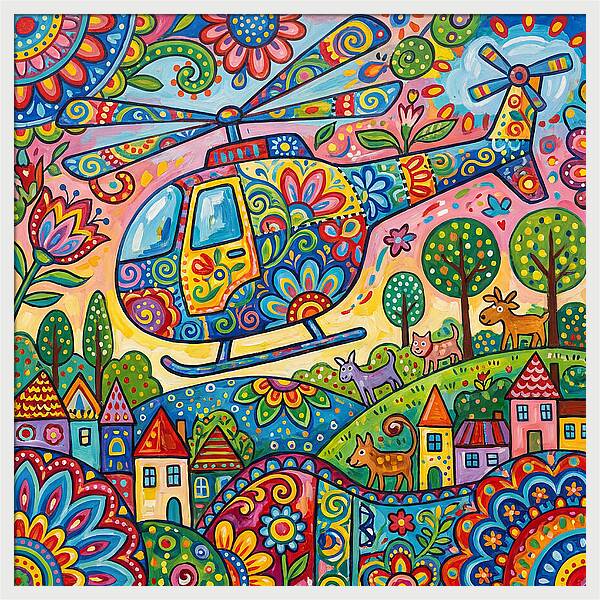 Colorful Helicopter In A Whimsical Landscape