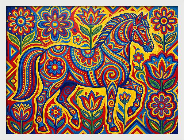 Colorful Horse Among Floral Patterns