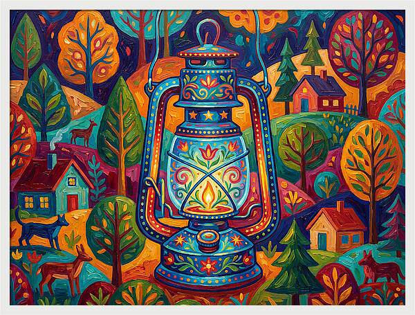 Colorful Oil Lantern In A Folk Landscape