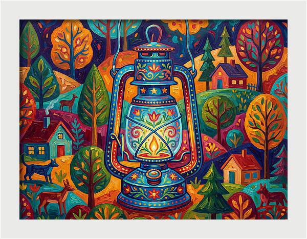 Colorful Oil Lantern In A Folk Landscape