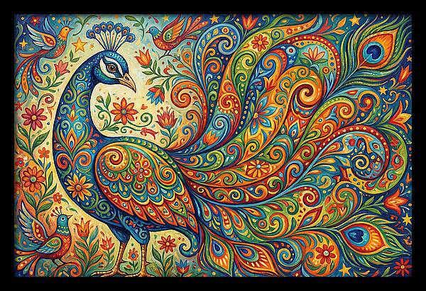 Colorful Peacock In Folk Style