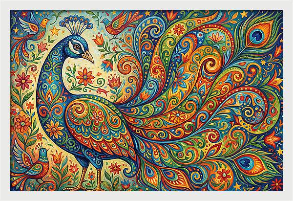 Colorful Peacock In Folk Style