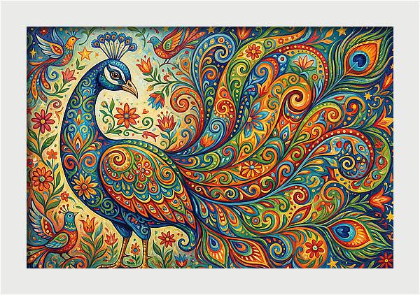Colorful Peacock In Folk Style