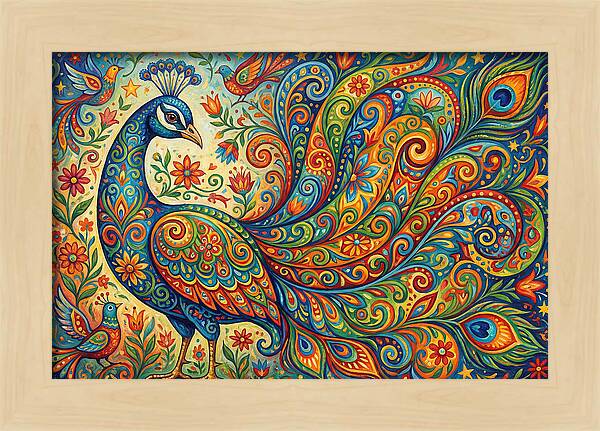 Colorful Peacock In Folk Style