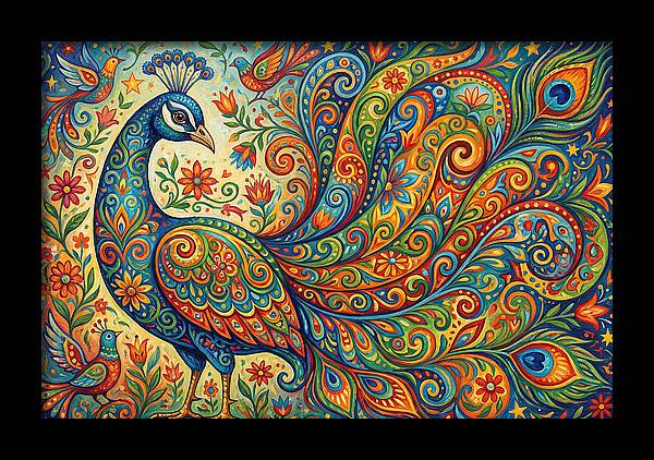 Colorful Peacock In Folk Style