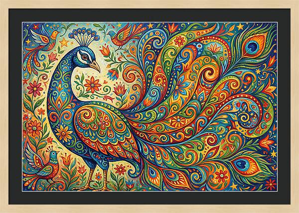 Colorful Peacock In Folk Style