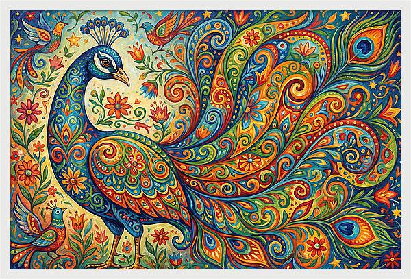 Colorful Peacock In Folk Style