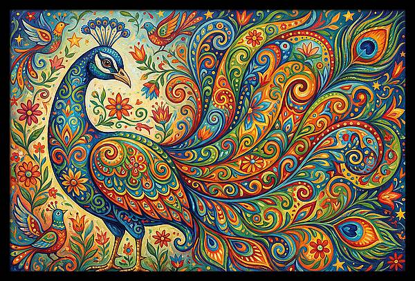 Colorful Peacock In Folk Style