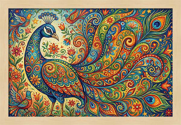 Colorful Peacock In Folk Style