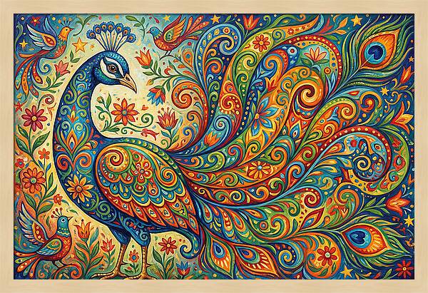 Colorful Peacock In Folk Style