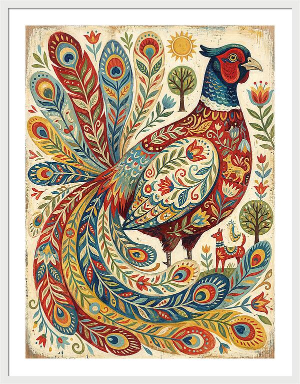 Colorful Pheasant Folk Art