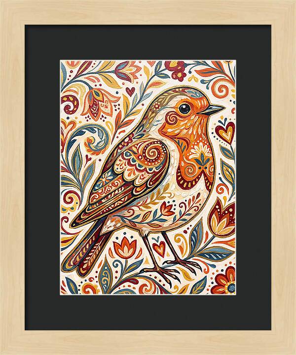 Colorful Robin With Floral Patterns