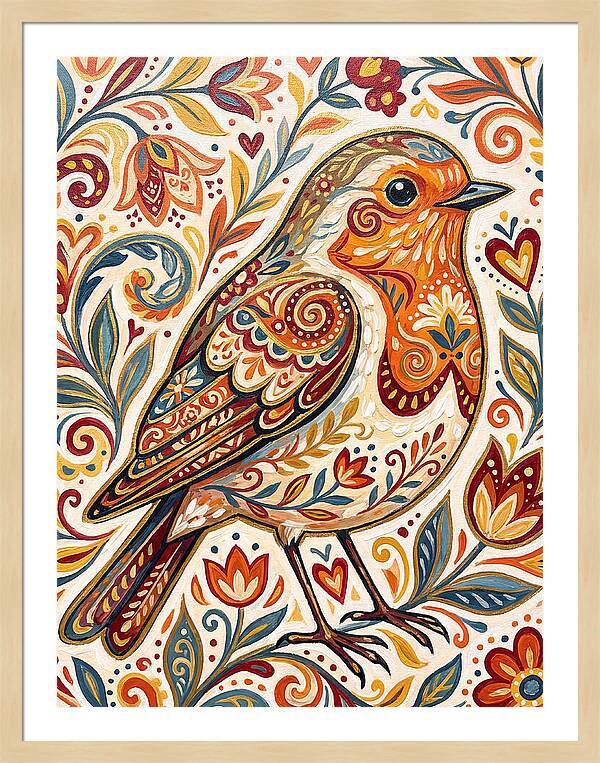 Colorful Robin With Floral Patterns