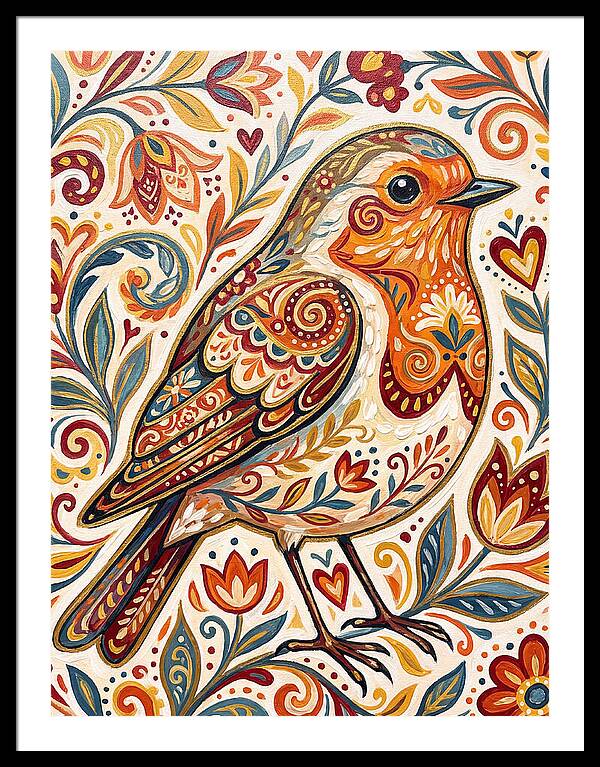 Colorful Robin With Floral Patterns