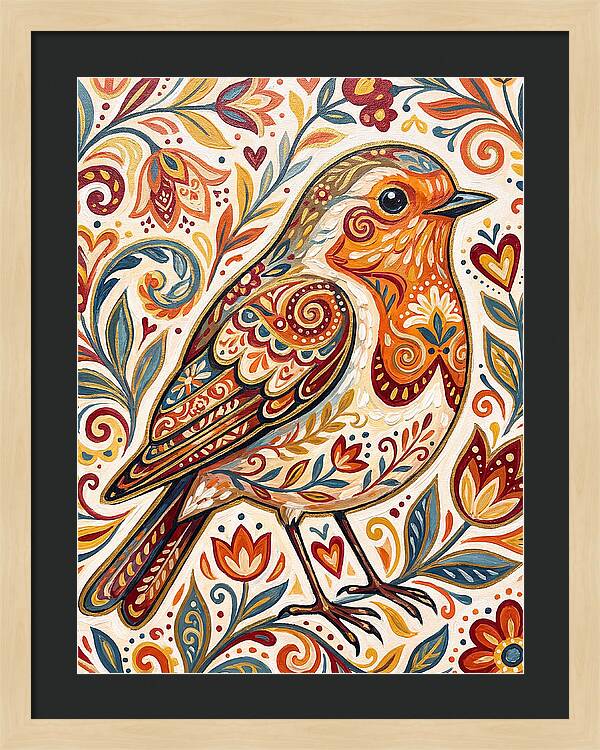 Colorful Robin With Floral Patterns