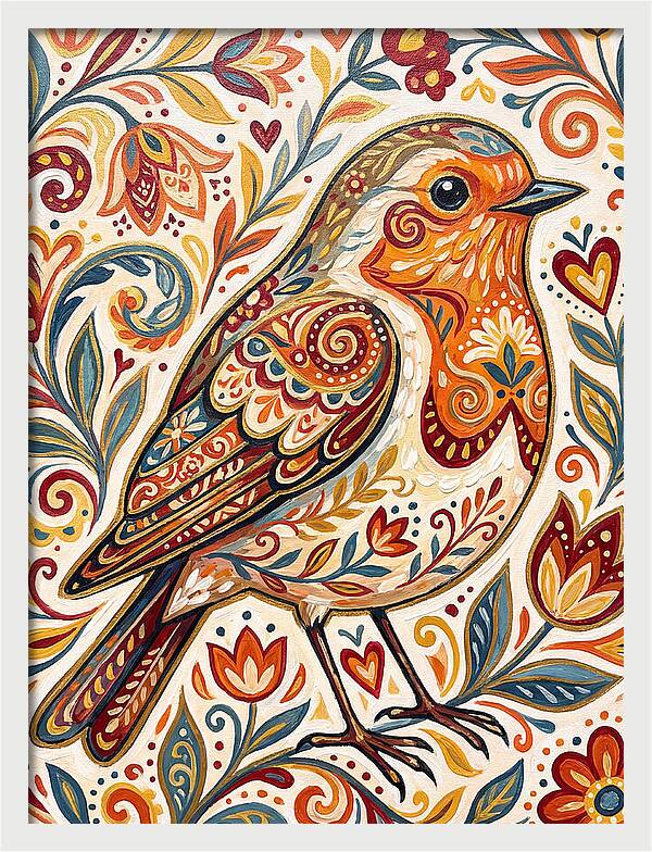 Colorful Robin With Floral Patterns